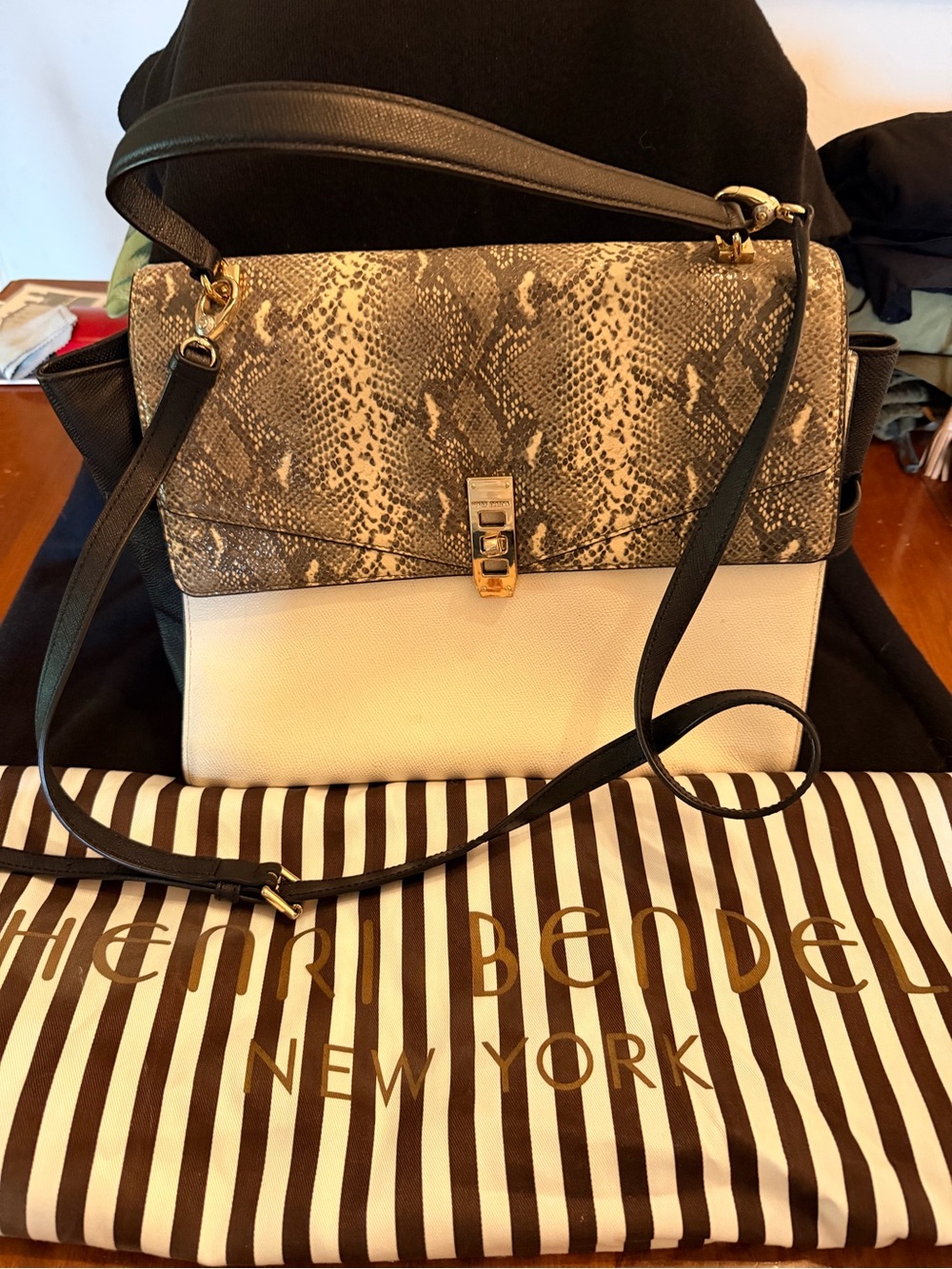 henri bendel Snake-Print Flap Crossbody in Cream and Black